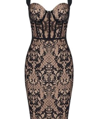 Black Lace-Overlay Nude Midi Dress